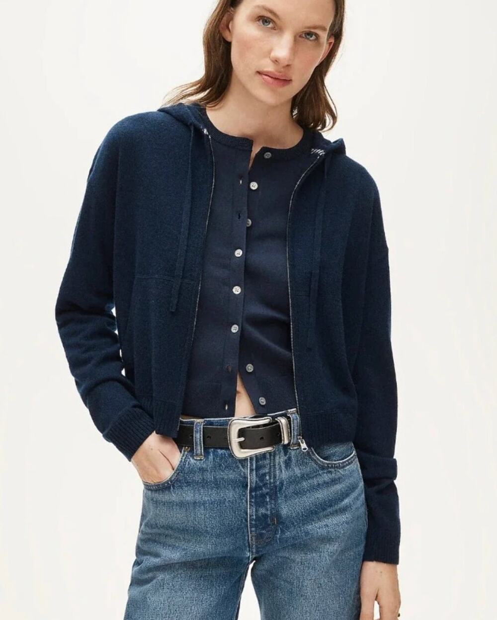J Crew Cashmere Full Zip Hoodie S NWT Navy Blue Cardigan Sweater CR341 Travel